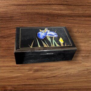 Vintage black Lacquer  Style Trinket box Blue Iris Floral Mirror  Jewelry 5 x 3"